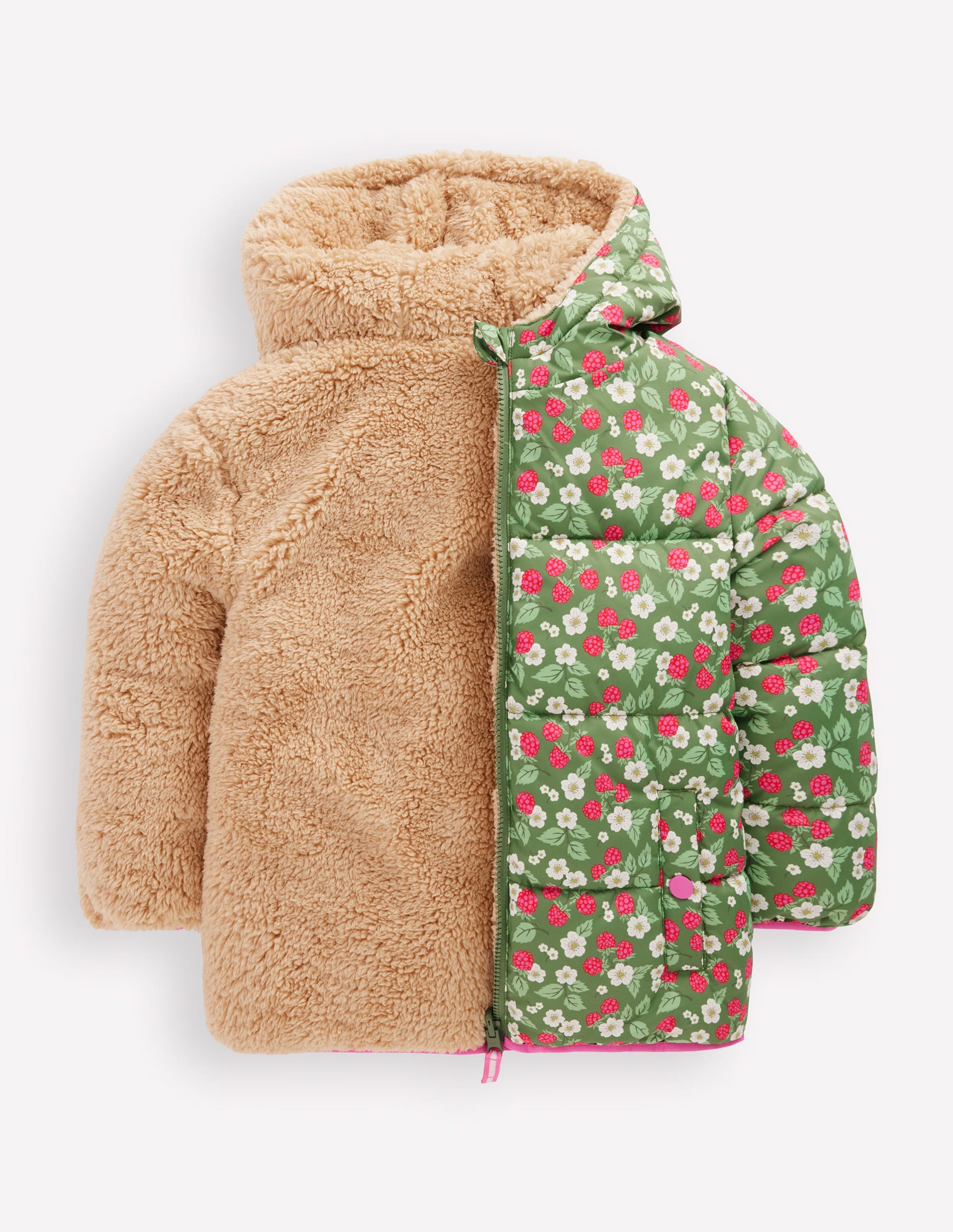 Reversible Padded Borg Coat-Safari Green Vintage Berry-5