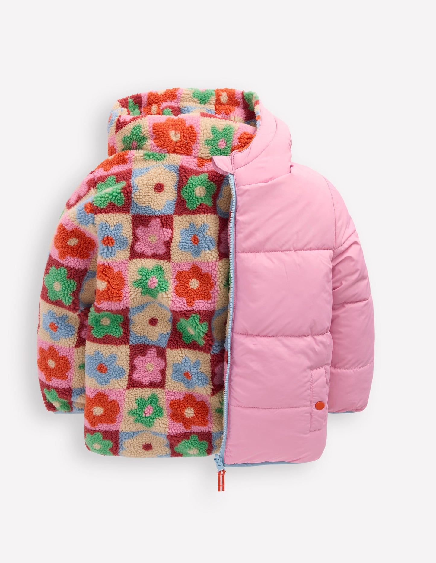 Reversible Padded Borg Coat-Multi Flower Check