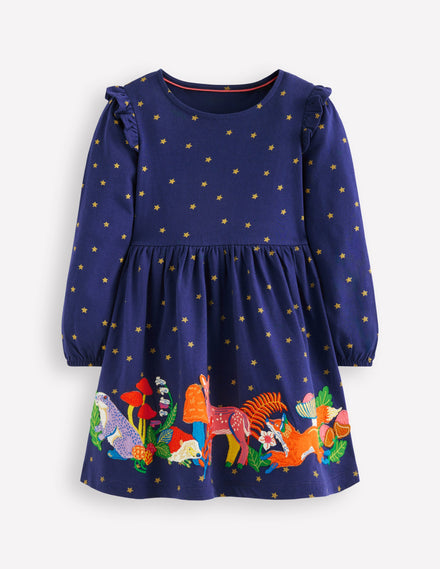 Appliqué Jersey Dress-College Navy Animals