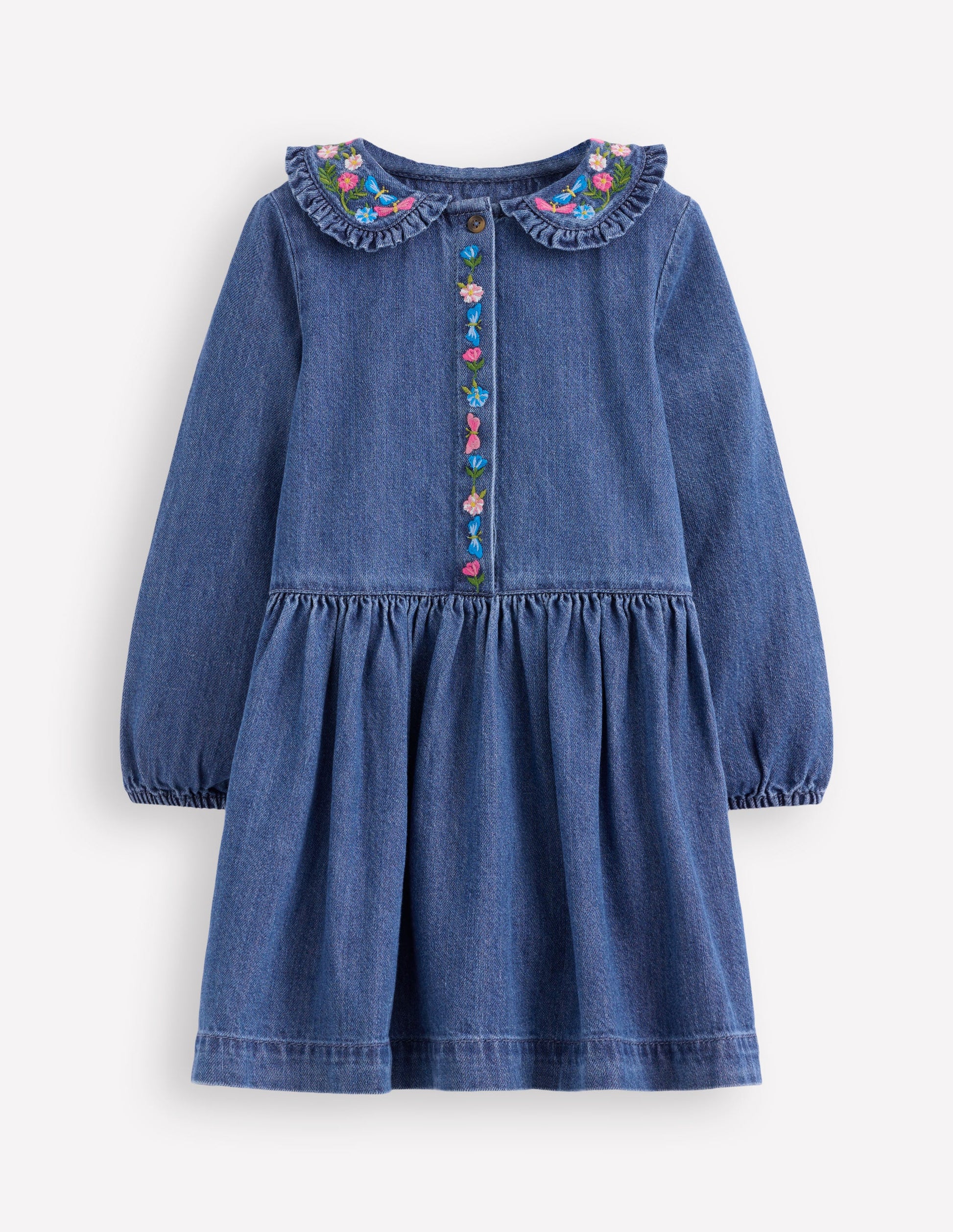 Denim Embroidered Collar Dress-Mid Vintage Denim-2