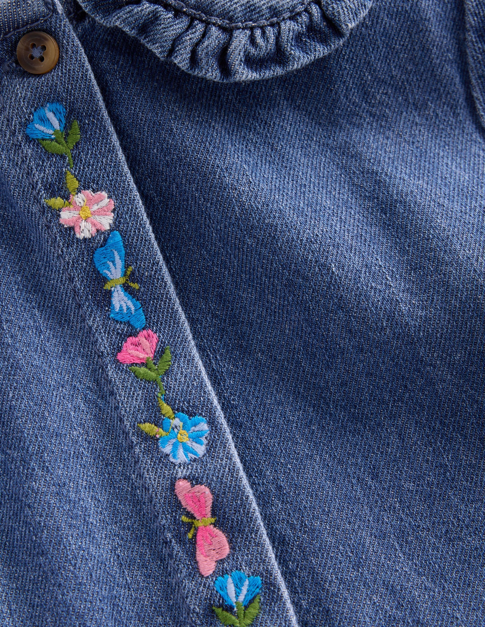 Denim Embroidered Collar Dress-Mid Vintage Denim-4