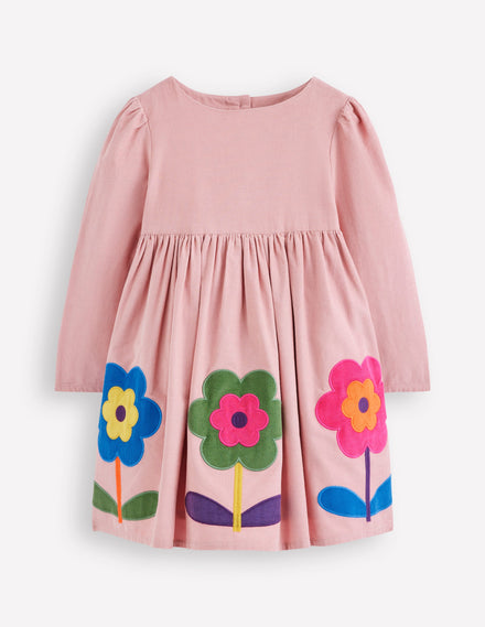 Corduroy Appliqué Dress-Almond Pink Flower