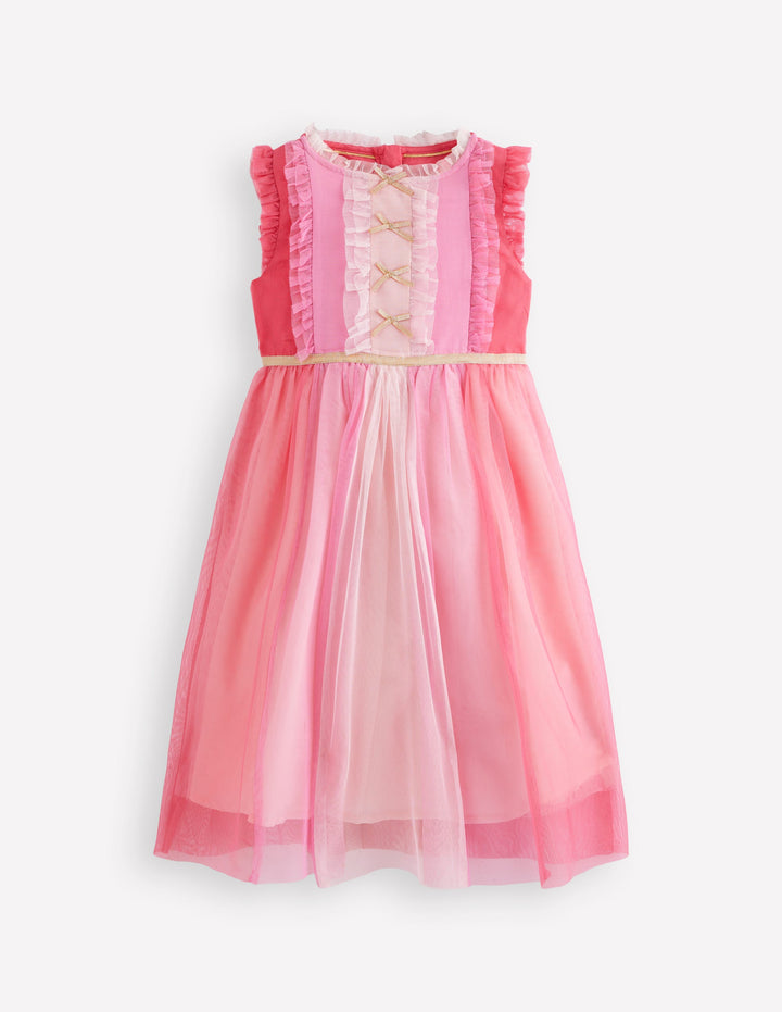 Panelled Frill Tulle Dress-Multi Colourblock