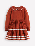 Cord Ric Rac Trim Dress-Roasted Chestnut Brown