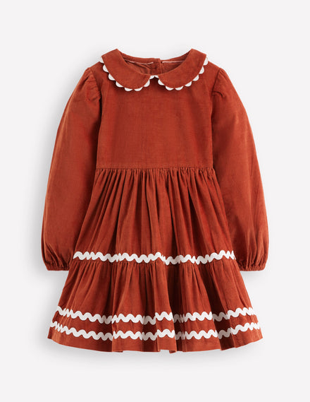 Cord Ric Rac Trim Dress-Roasted Chestnut Brown