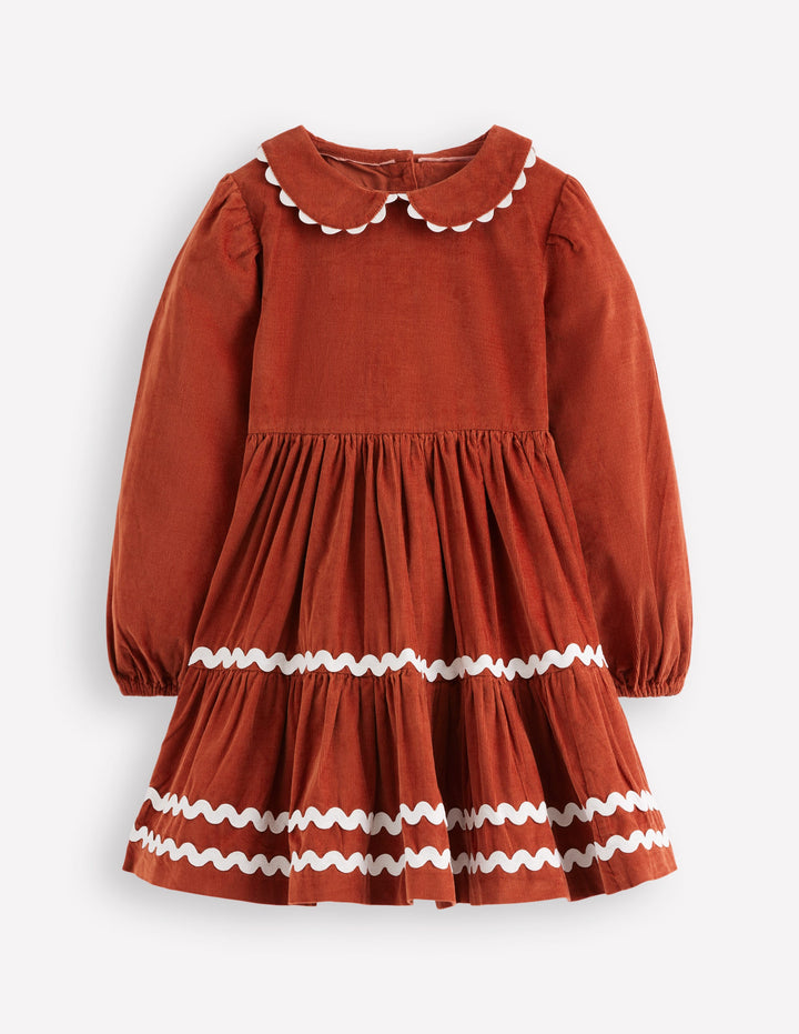 Cord Ric Rac Trim Dress-Roasted Chestnut Brown