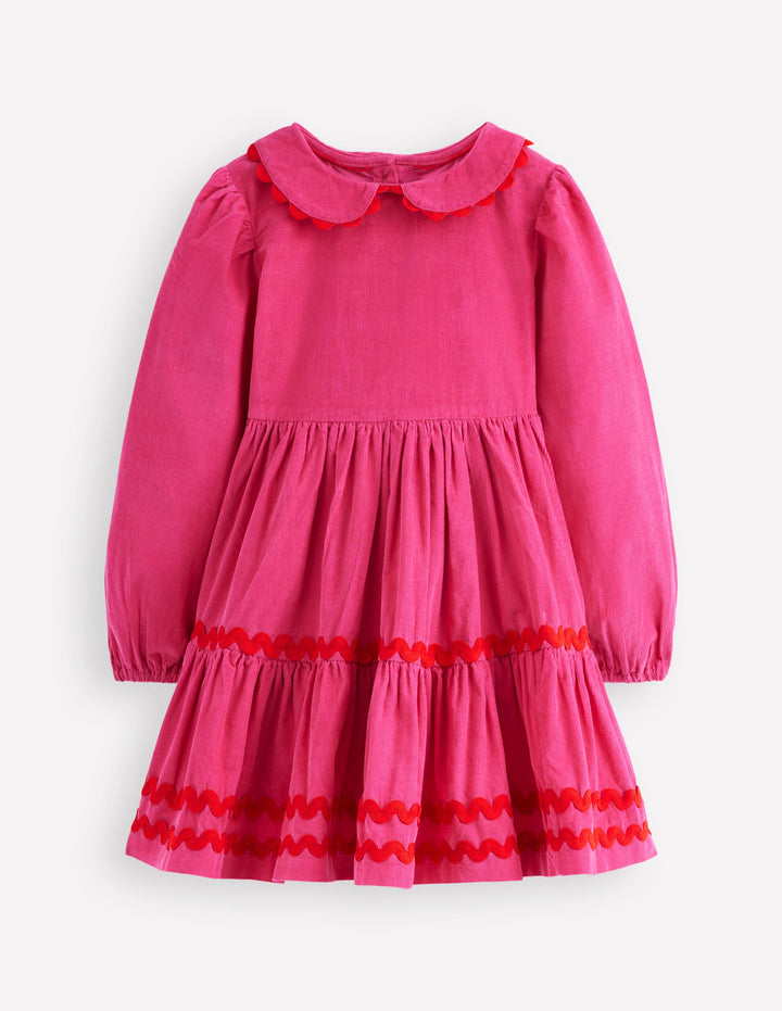 Cord Ric Rac Trim Dress-Raspberry Pink