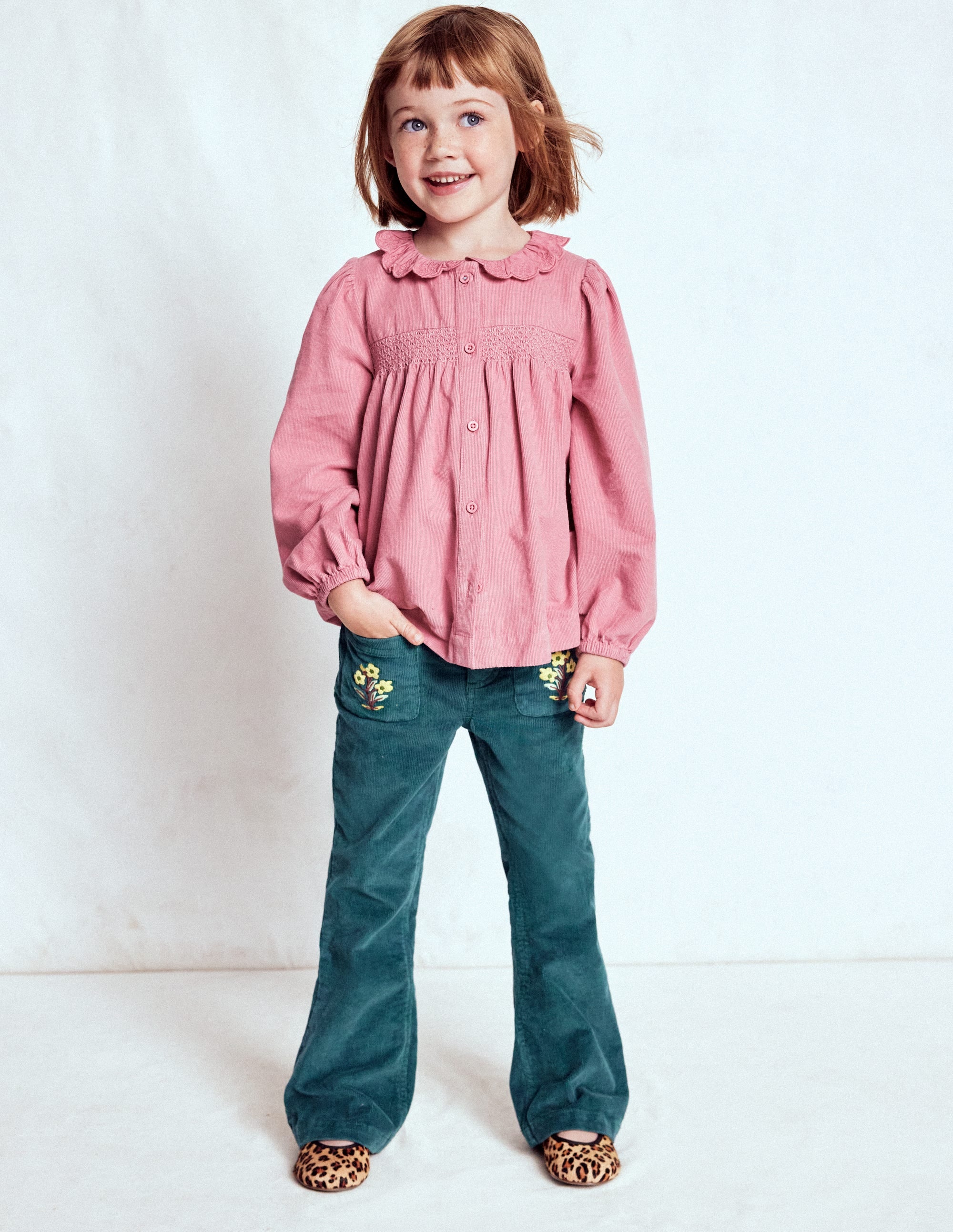 Scalloped Collar Smocked Shirt-Pink Cord - Image 1