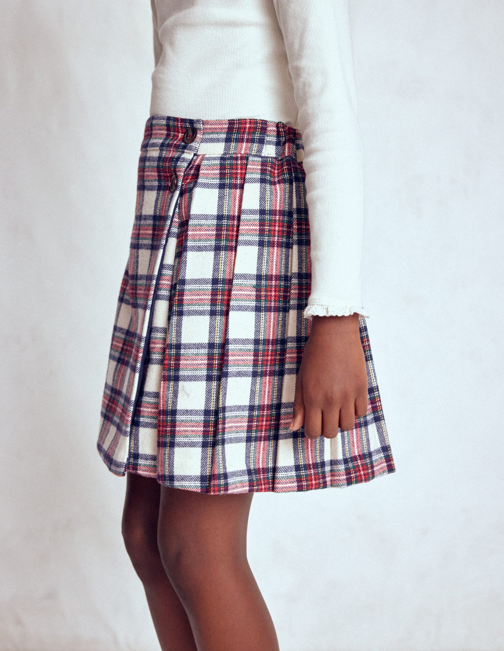 Fully Lined Button Kilt-Red and Soft Ivory Tartan-2