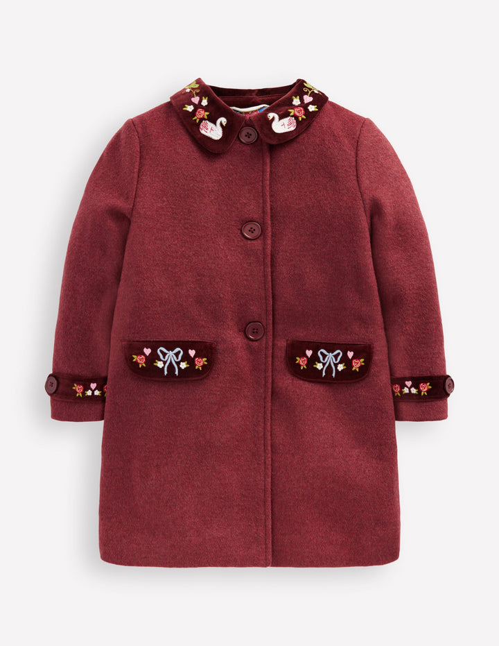 Wool Blend Coat-Chestnut Swan Embroidery