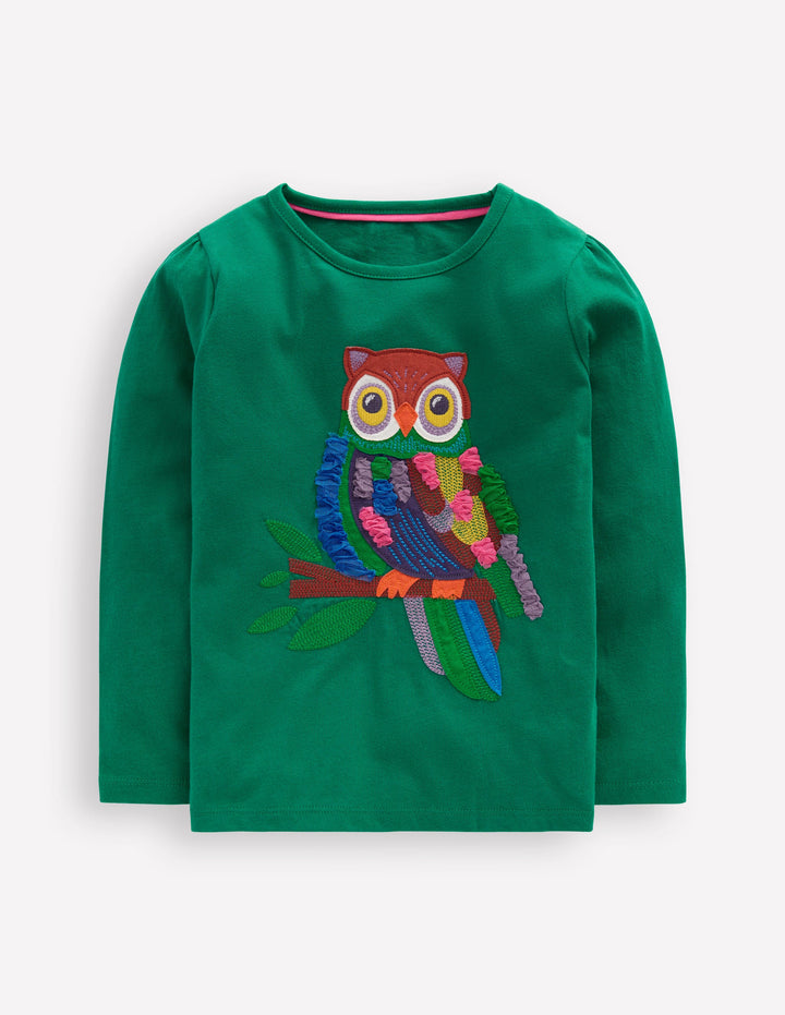 Puff Sleeve Appliqué  T-shirt-Green Owl