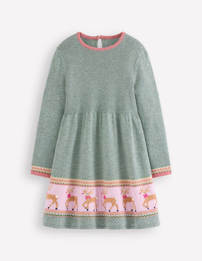 Fair Isle Knitted Dress-Eucalyptus Reindeer Fair Isle-1