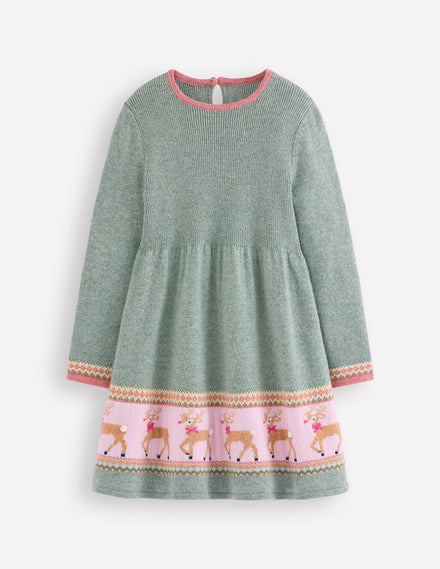 Fair Isle Knitted Dress-Eucalyptus Reindeer Fair Isle