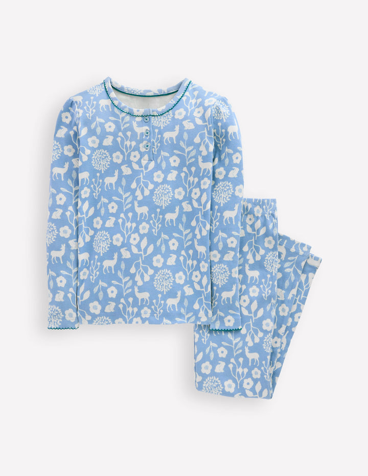 Snug Henley Pyjamas-Glacier Blue Woodland Print