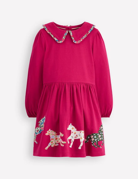 Pretty Appliqué Jersey Dress-Cherry Jam Horses