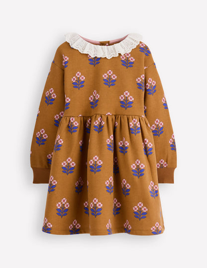 Broderie Sweatshirt Dress-Toffee Brown Flower Stamp-2