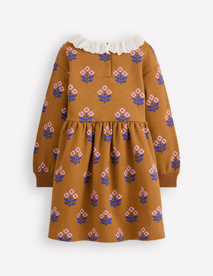 Broderie Sweatshirt Dress-Toffee Brown Flower Stamp-3
