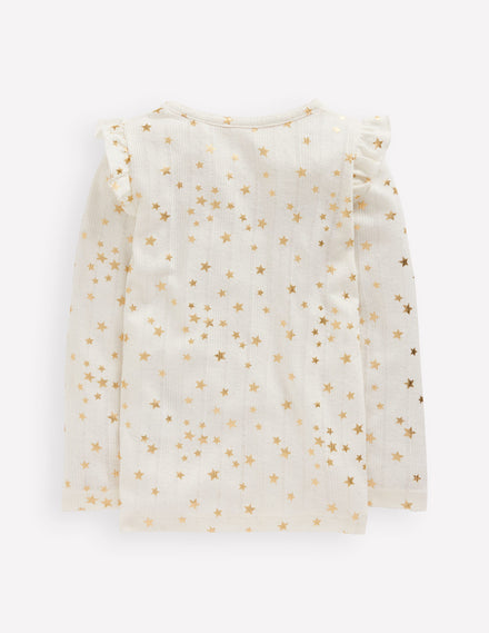 Frill Sleeve Pointelle Top-Soft Ivory