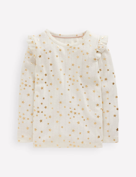 Frill Sleeve Pointelle Top-Soft Ivory