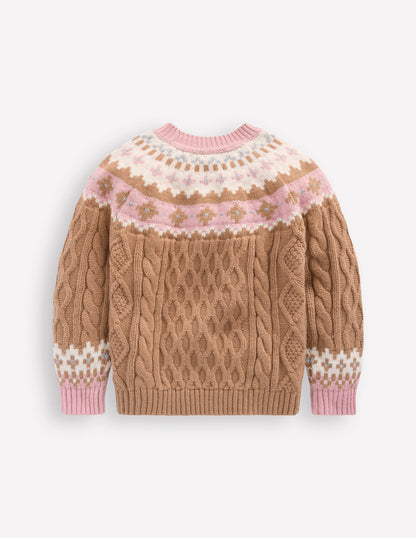 Fair Isle Cable Jumper-Camel Melange-3