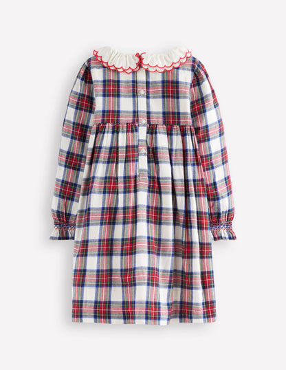 Cosy Collar Detail Smock Dress-Ivory Check-3