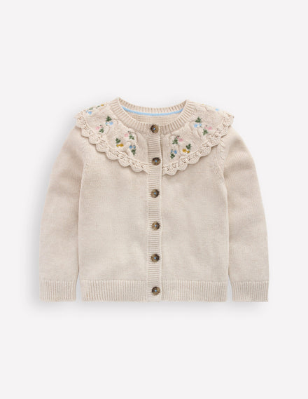 Embroidered Yoke Cardigan-Oatmeal Marl