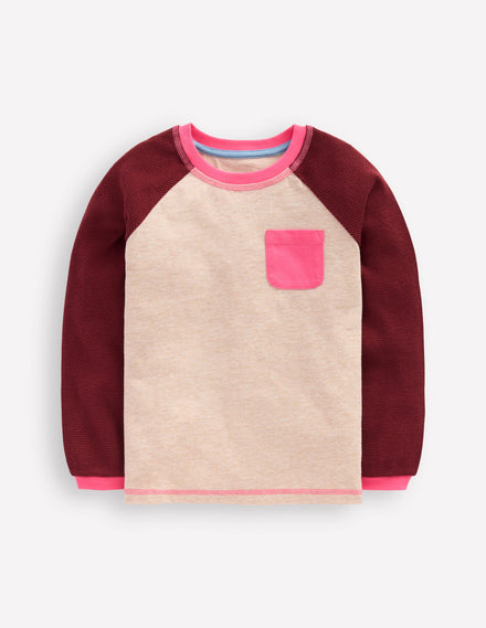 Raglan Waffle Mix Top-Oatmeal Marl/Chestnut
