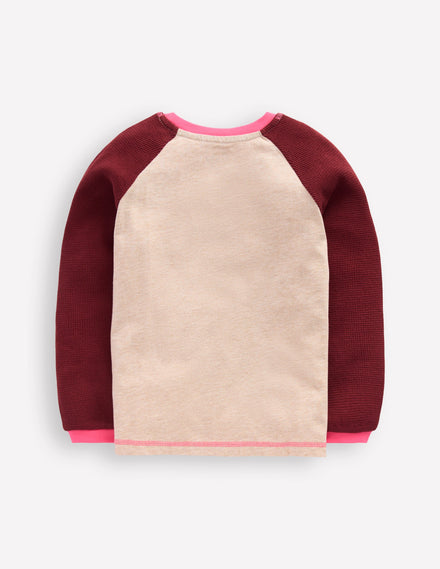 Raglan Waffle Mix Top-Oatmeal Marl/Chestnut