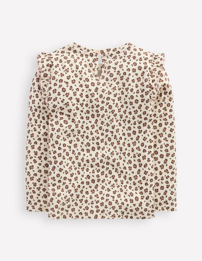 Frill Sleeve Slub Top-Vanilla White Leopard-2