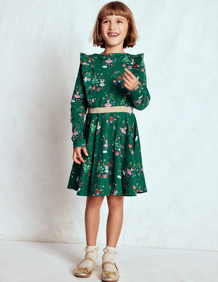 Cora Twirly Jersey Dress-Jewel Green Nutcracker
