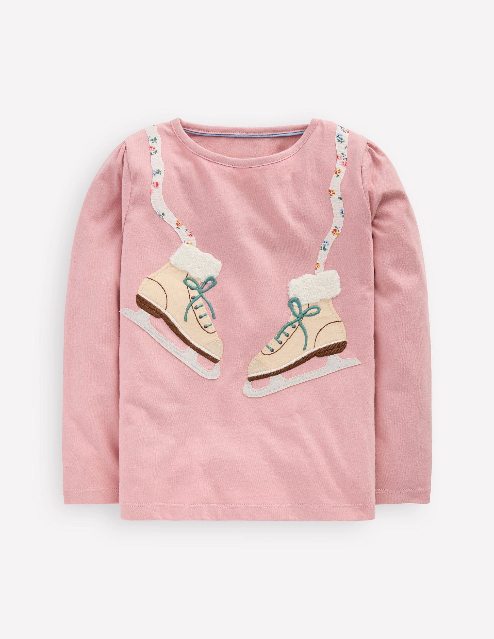 Puff Sleeve Appliqué  T-shirt-Vintage Pink Skates-1