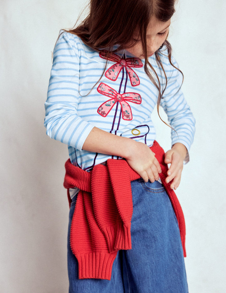 Puff Sleeve Appliqué  T-shirt-Soft Ivory/Glacier Blue