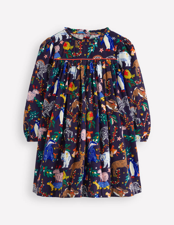 Ruffle Neck Woven Dress-College Navy Christmas Party