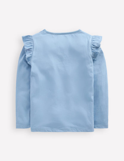 Frill Sleeve Appliqué T-shirt-Blue Lovebirds-2