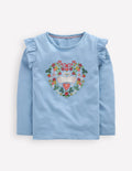Frill Sleeve Appliqué T-shirt-Blue Lovebirds