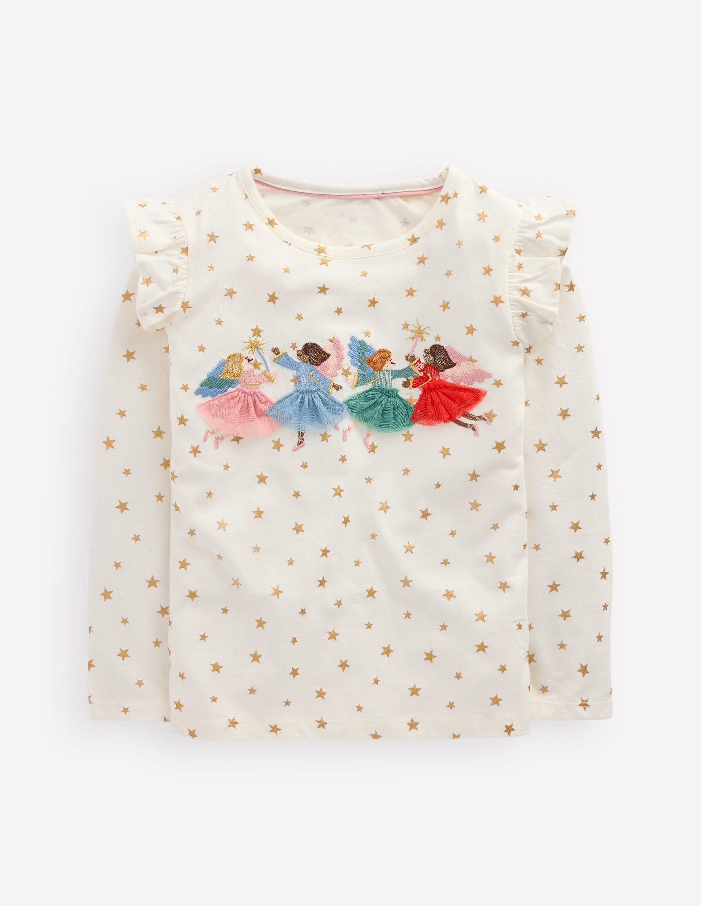 Frill Sleeve Appliqué T-shirt-Ivory Fairies