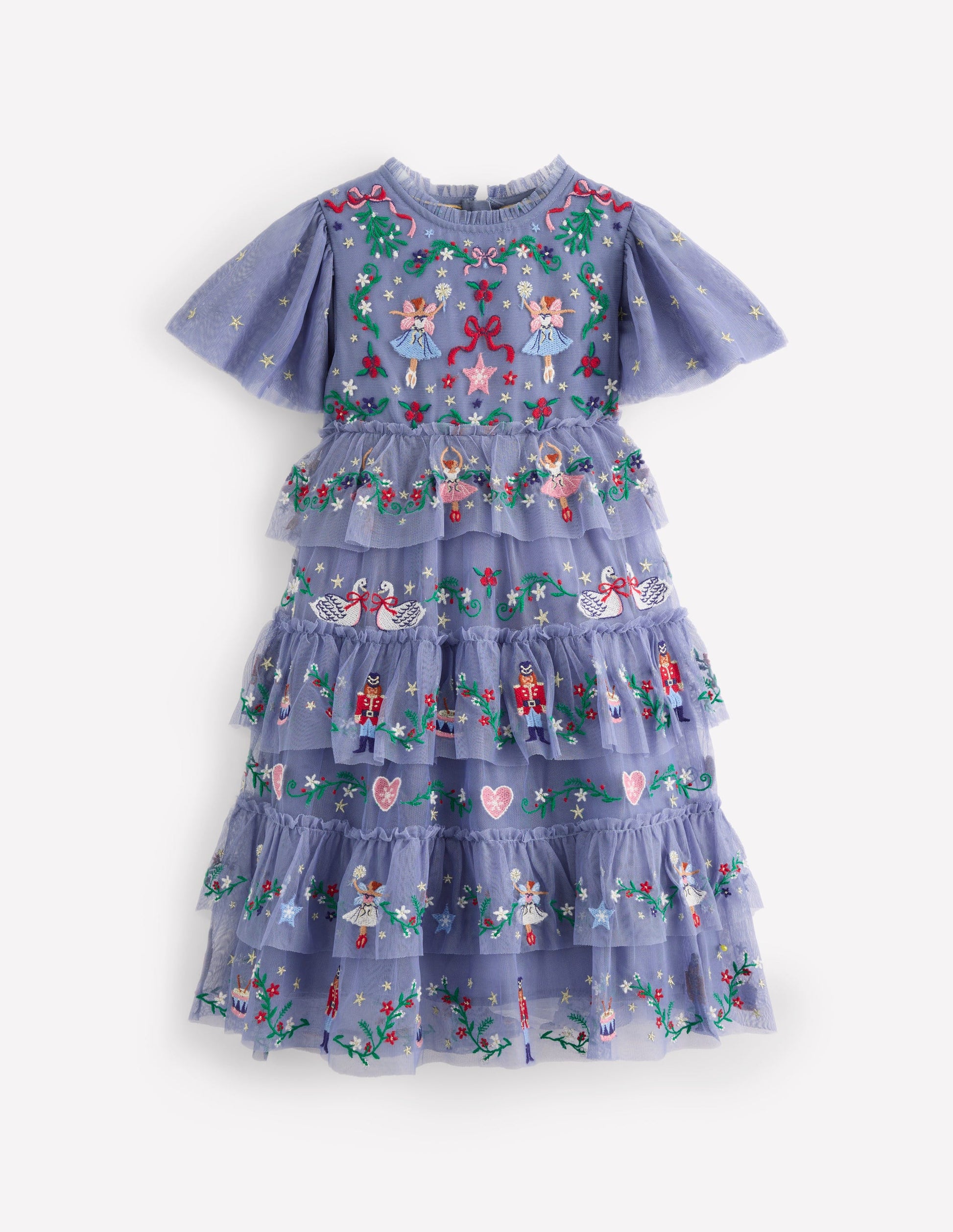 Embroidered Tulle Ruffle Dress-Stormbolt Blue Embroidery-2