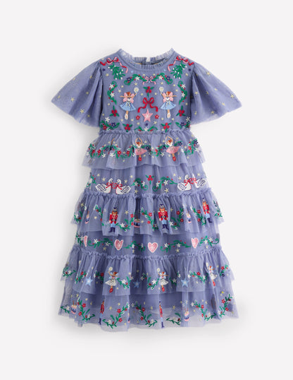 Embroidered Tulle Ruffle Dress-Stormbolt Blue Embroidery-2