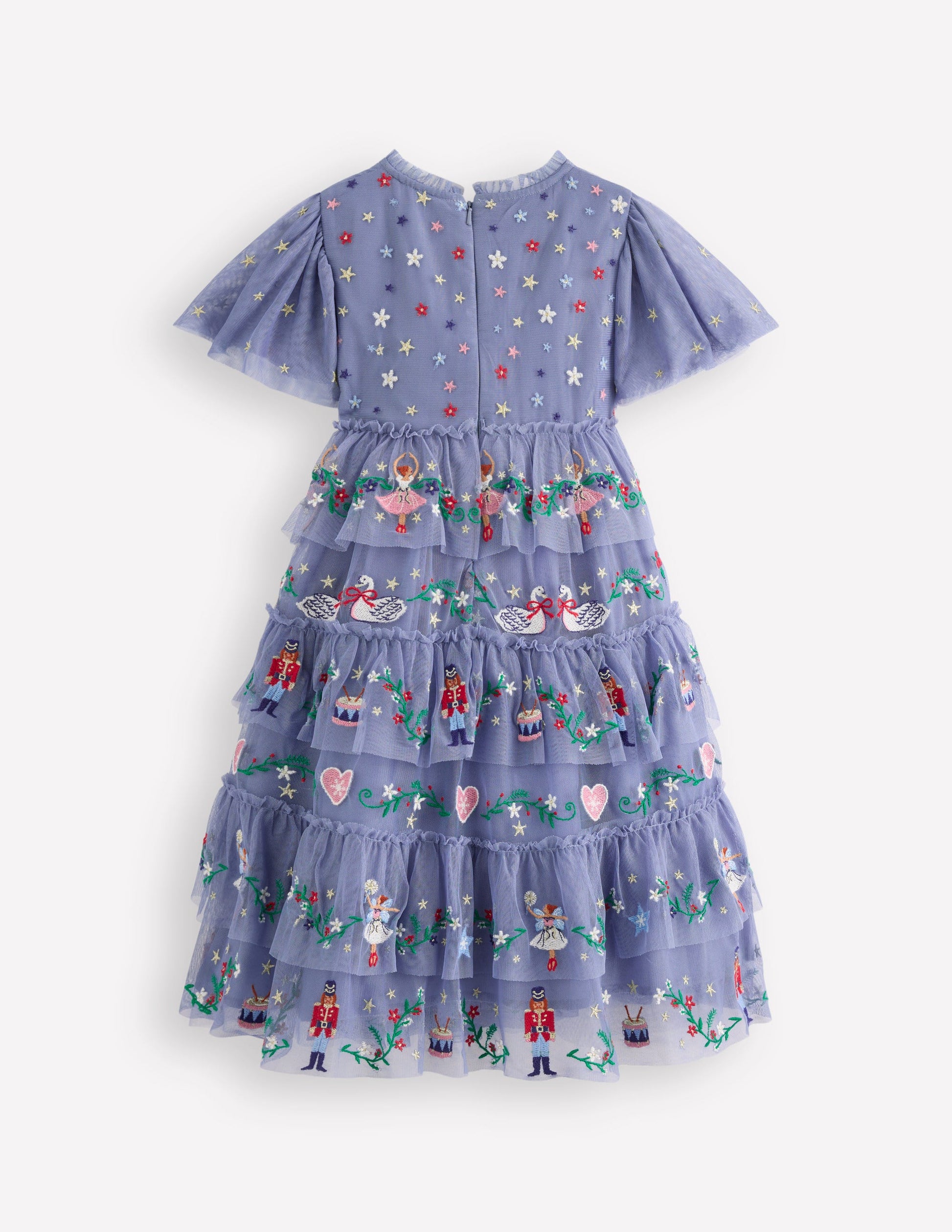 Embroidered Tulle Ruffle Dress-Stormbolt Blue Embroidery-3