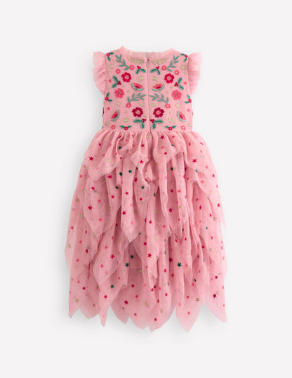Tiered Tulle Party Dress-Vintage Pink Embroidery-3