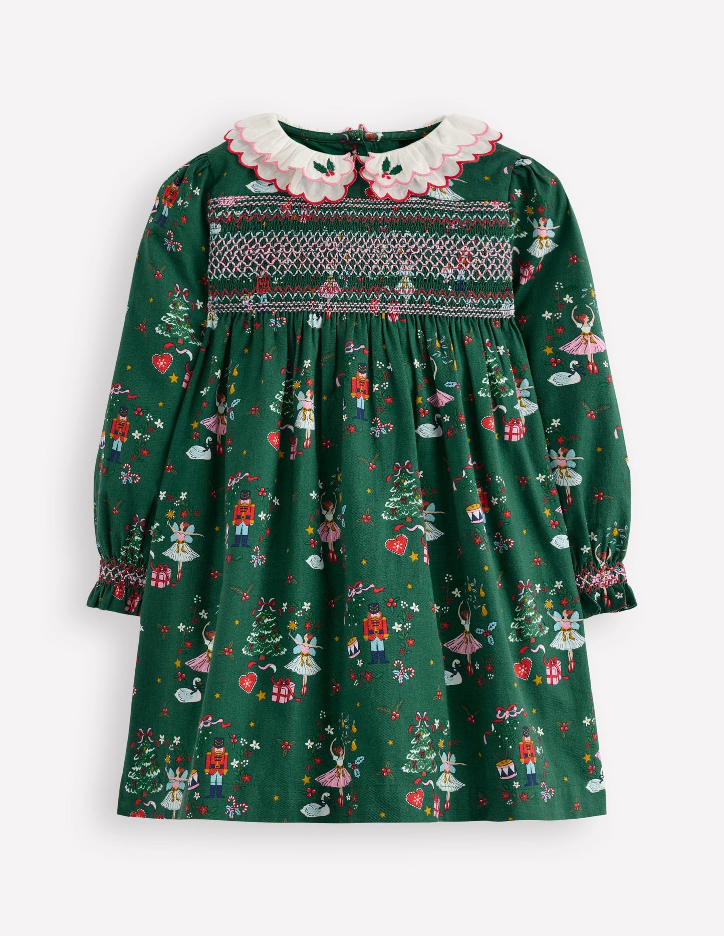 Cosy Collar Detail Smock Dress-Alpine Green Nutcracker