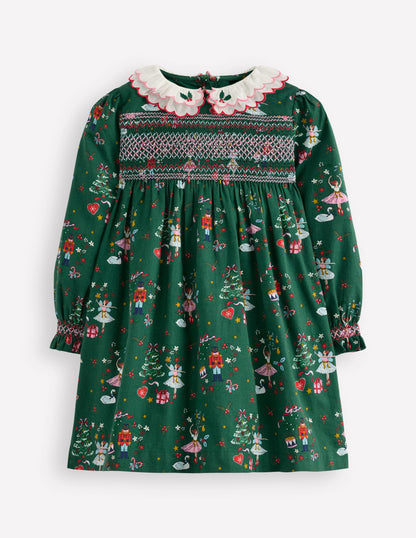 Cosy Collar Detail Smock Dress-Alpine Green Nutcracker-2
