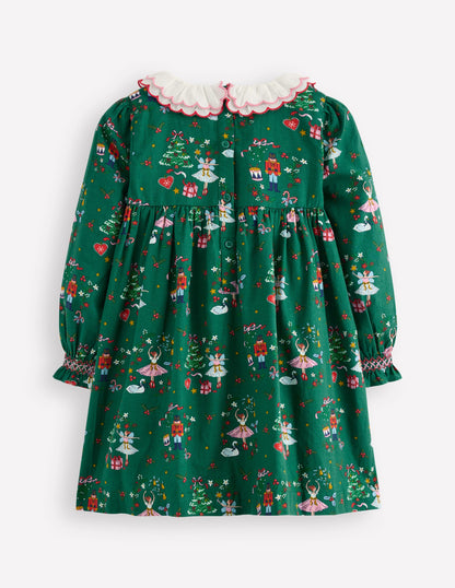 Cosy Collar Detail Smock Dress-Alpine Green Nutcracker-3