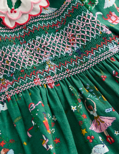 Cosy Collar Detail Smock Dress-Alpine Green Nutcracker-4
