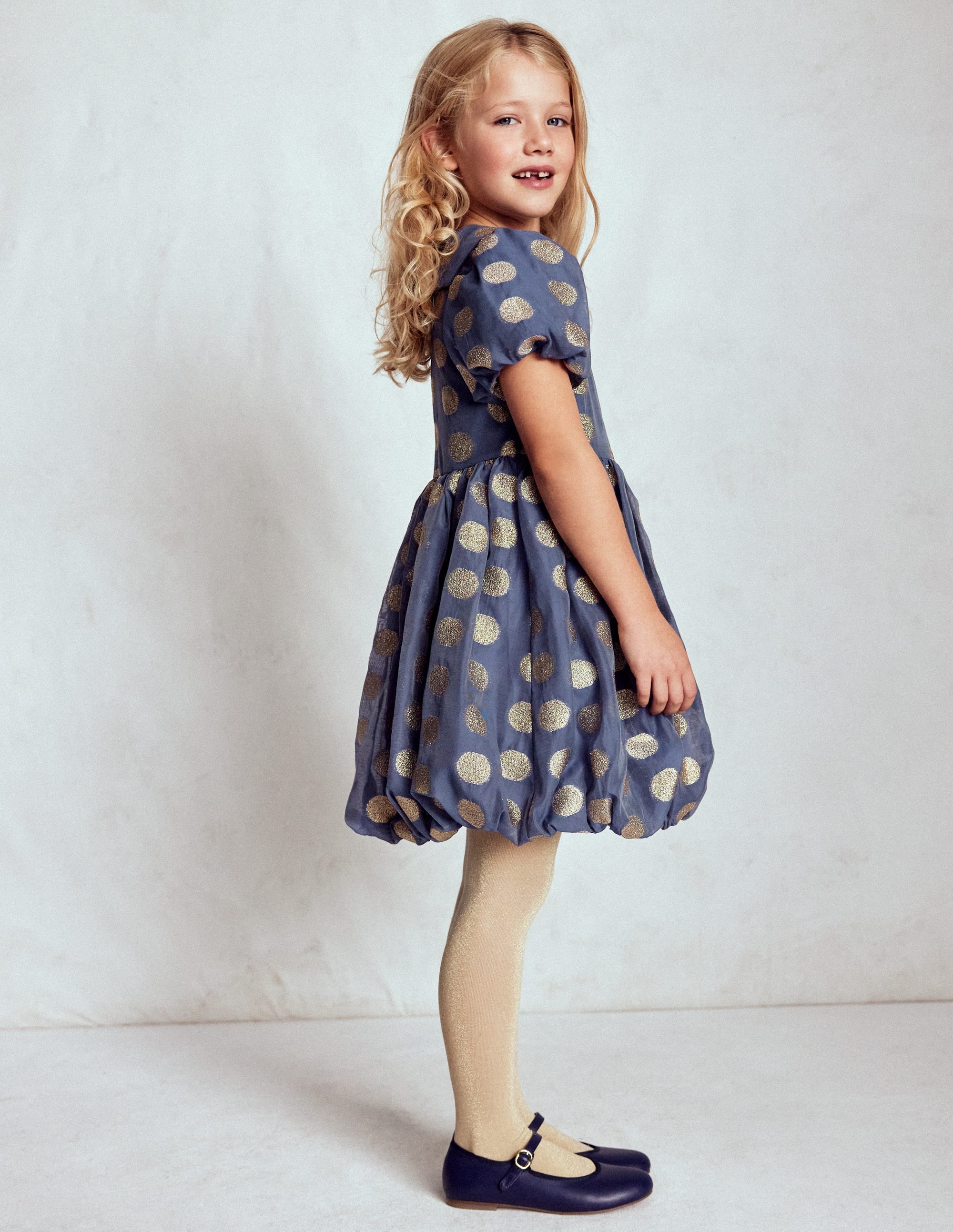 Bubble Hem Party Dress-College Navy Gold Spot - Image 3