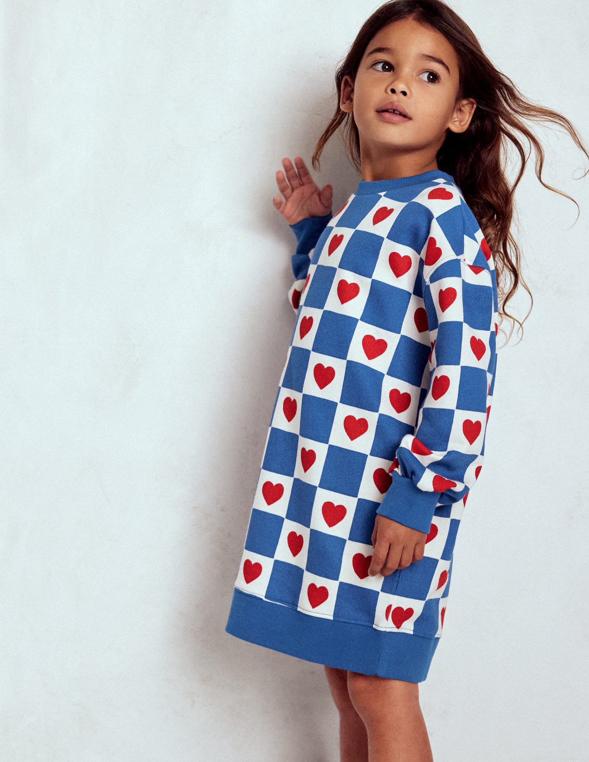Relaxed Sweatshirt Dress-Blue Heart Stamp-1