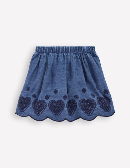 Embroidered Pull-on Skirt-Chambray-4
