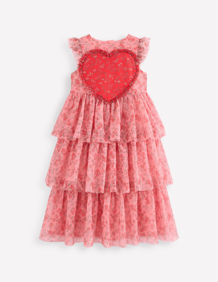 Heart Tulle Dress-Salmon Pink Meadow Floral