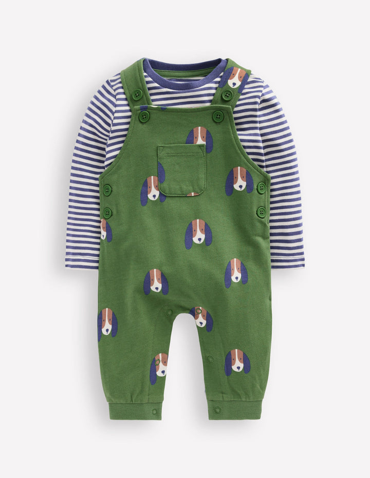 Printed Jersey Dungaree Set-Green Dogs
