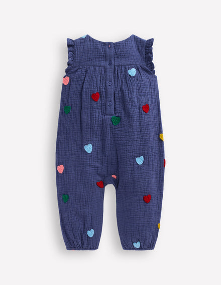 Ruffle Sleeve Romper-Navy Hearts